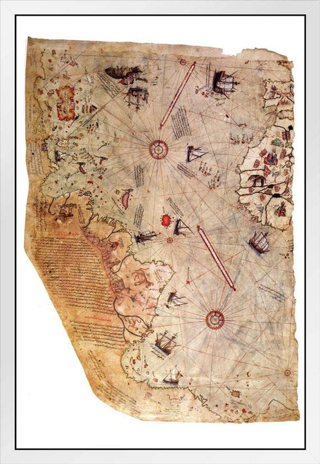 Piri Reis 1513 Historical World Map Travel World Map with Cities in Detail Map Posters for Wall Map Art Wall Decor Geographical Illustration Travel Destinations White Wood Framed Art Poster 14x20