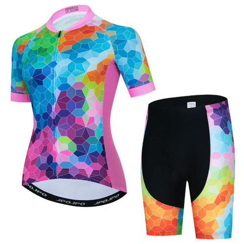 Colorful Womens Cycling Jersey Set, Summer Short Sleeve Ladies Mountain Dirt Bike Shirt and Shorts Padded Kit MTB Suit Cyclist Clothes Biker Biking Apparel BMX Bicycle Clothing, Medium
