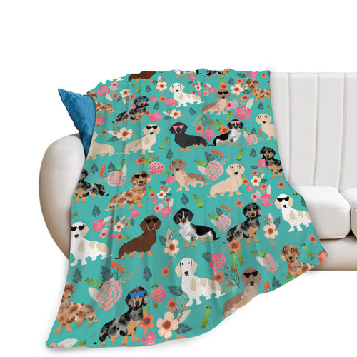 Dachshund Dog Flowers Florals Blanket Soft Fleece Throw Blanket Cozy Fuzzy Warm Flannel Blankets for Women Men for Couch Bed Sofa All Season Gift