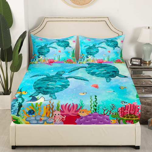 Sea Turtle Bedding Set Twin Size Sea Animals Bed Set for Girls Teens Bedroom Decor Kids Underwater World Fitted Sheet Soft Microfiber Jellyfish and Octopus Bed Cover(1 Fitted Sheet+1 Pillow Case)