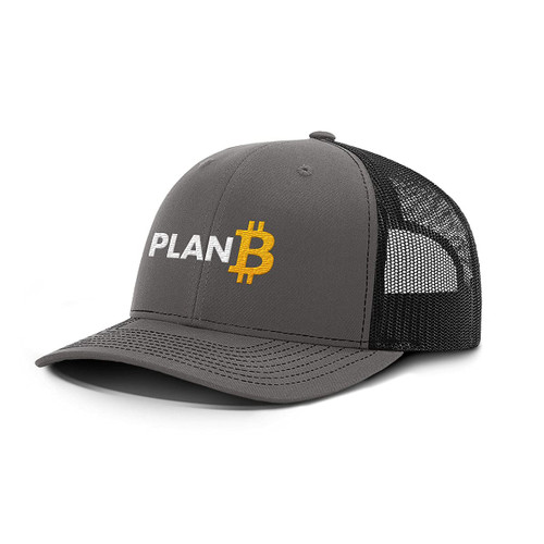 BustedTees Plan B Bitcoin Back Mesh Hat Baseball Cap (Charcoal Front/Black Mesh)