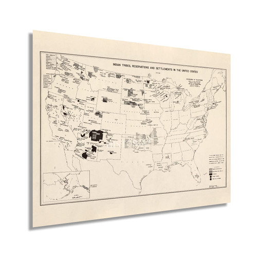 HISTORIX Vintage 1939 Indian Tribes Reservations & Settlements United States Map Poster - 18x24 Inch Vintage Map of United States Wall Art - History Map of Native American Tribes of USA Map Poster