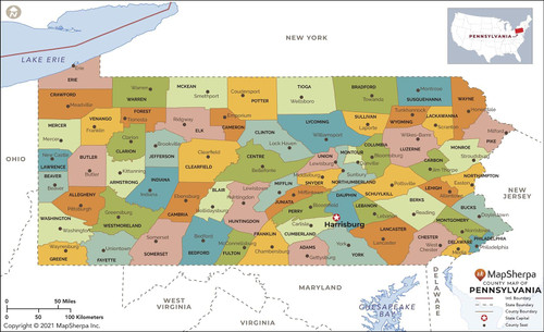 Pennsylvania Counties Map - Standard - 36" x 22" Laminated