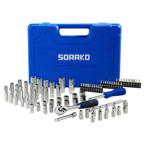 SORAKO 87-Piece Socket Wrench Set,1/4" Drive Socket Sets Including 72 Tooth Ratcheting Wrench, Wrench Set Universal Joint and Extensions, Socket Wrench Set Standard with Tool Case (SAE & Metric)