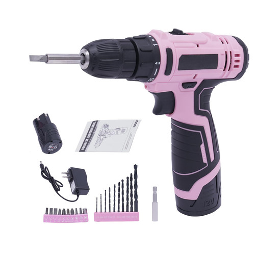 Pink Cordless Drill Driver Set, 12V Electric Screwdriver Driver Tool Kit, 3/8" Keyless Chuck,2 Speed,Charger and Tool Kit Included-43-Piece