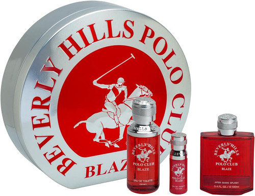 Beverly Hills Polo Club Men's 3 Piece Cologne Gift Set in Collectable Tin Luxury Designer Fragrance Includes 3.4 oz & 0.5 oz Eau De Toilettes and 3.4 oz After Shave BHPC (Blaze)