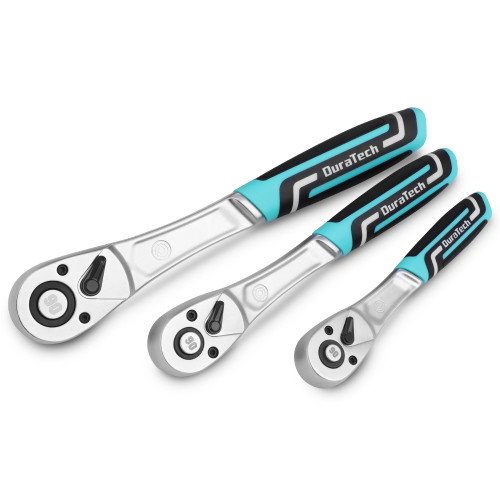 DURATECH 3-Piece Drive Ratchet, 1/4", 3/8", 1/2" 90-Tooth Quick-release Ergonomic Soft Grip Ratchet Wrench, Socket Wrench Ratcheting with Cushion Injection Handle, Reversible, CR-V Made, CR-MO Head