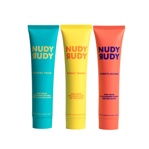 Nudy Rudy - Hand Cream Bundle - Organic Shea Butter - Non-Greasy - Moisturizer - Lotion - Natural Ingredient Skin Care - Wasabi Pear, Hunny Bunny, & Berrylicious Scents - Men & Women - 3.4 fl. oz.