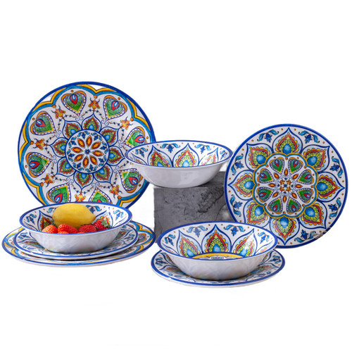 Melamine Dinnerware Set, 12 Pcs Dinner Plates Bowls Sets for Indoor and Outdoor Use, Durable Unbreakable Dishes Sets, Dishwasher Safe, BPA Free, Service for 4