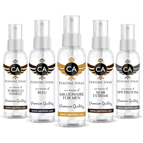 CA Perfume Best Winter Men Set Impression of(Blue +Millionaire for men + Spice Bloom + Tobacco Vanilla + Noir extreme) Fragrance Sample Travel Size Parfum Sprayer (2 Fl Oz/60 ml) x 5
