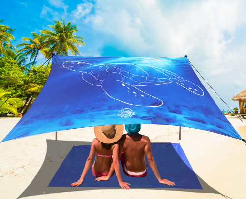 CUUPO 3D Printing Beach Canopy Tent Sun Shade with UPF 50+ UV Protection, 7x6 FT Tent Sun Shelter Pop Up 2 Poles Outdoor Shelter for Beach, Camping, Fishing, Backyard and Picnics with Mat
