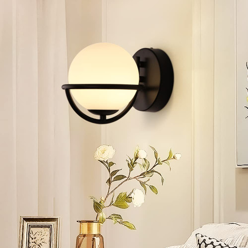 JC TOPA Wall Sconces Mid Century Wall Lighting Fixtures, Milky Glass Globe Indoor Wall Lamp for Bedside Living Room Bathroom Hallway Vanity, Black JC TOPA Wall Sconces Mid Century Wall Lighting Fixtures, Milky Glass Globe Indoor Wall Lamp for Bedside Living Room Bathroom Hallway Vanity, Black