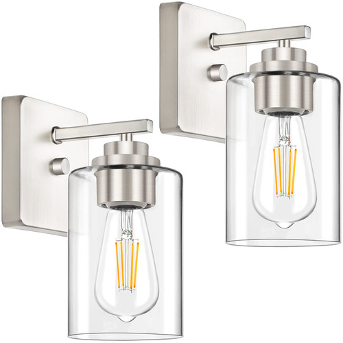 Set of 2 Wall Sconces for Bathroom, Brushed Nickel Vanity Light Fixtures, Modern Wall Mount Lighting Lanterns, Farmhouse Wall Lamps with Clear Glass Shade for Bedroom Living Room Mirror Hallway Porch Set of 2 Wall Sconces for Bathroom, Brushed Nickel Vanity Light Fixtures, Modern Wall Mount Lighting Lanterns, Farmhouse Wall Lamps with Clear Glass Shade for Bedroom Living Room Mirror Hallway Porch