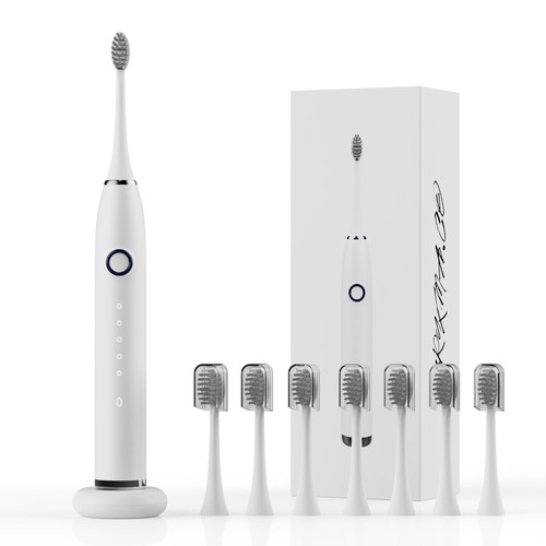 Electric Toothbrush for Adults, Rechargeable Sonic Toothbrush for Travel, Electric Tooth Brush with 8 Brush Heads, Christmas Gift, 5 Modes/Memory Function/IPX7 Waterproof/2mins Timer (Gloss White 1)