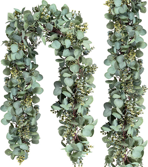 2 Pack Eucalyptus Garland Total 13.1 Ft Lush Silver Dollar Eucalyptus Leaves Boxwood Artificial Faux Greenery Garland Vines for Baby Shower Wedding Party Table Runner Room Home Mantle Decor