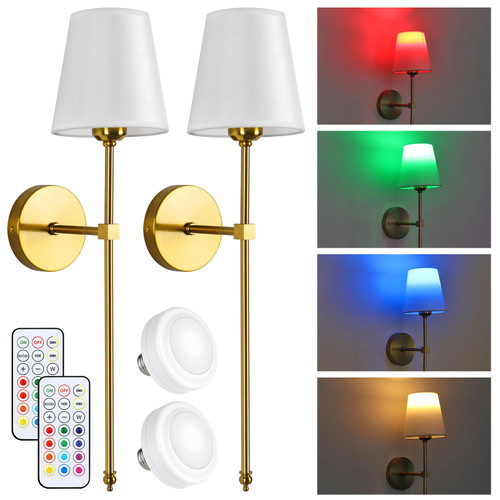MILDWARM Battery Operated Wall Sconces with Remote Control, Wireless Battery Powered 13 RGB Color Wall Light Set of 2, Dimmable Wall Lamp Fixture with Puck Light Bulb for Bedroom Living Room Hallway