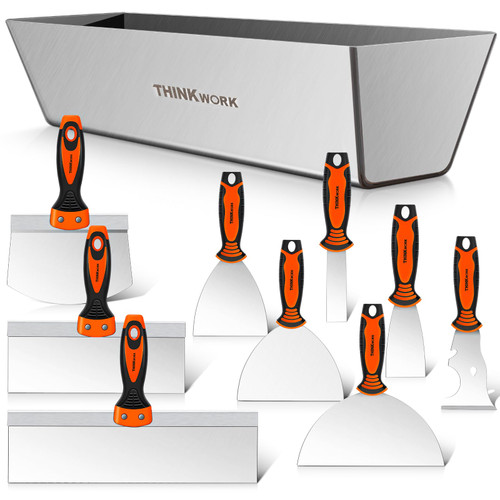 THINKWORK Drywall Knife Set, 10 Pieces Stainless Steel Drywall Hand Tool Kit Includes Putty Knife, Taping Knife, Painter Scraper, Mud Scoop and 14" Mud Pan with Soft Grip Handle for Drywall Work