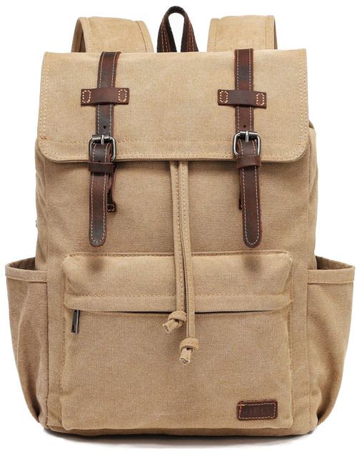 JIELV Canvas Vintage Backpack,Mens Travel Rucksack,Casual Daypack Bookbag for Laptop Work Travel Hiking(Khaki)