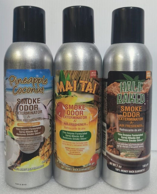 Smoke Odor Exterminator 198 gm/ 7 oz Large Spray Pineapple Coconut Set of Three Cans. Assortment (3) Includes Pineapple Coconut, Mai Tai & Half Baked.