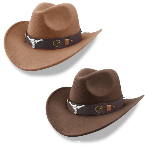 2 Pack of RainFlowwer Classic Brown&Coffee Cowboy Hat Men, Wide Brim Cowgirl Hat, Western Style Hat with Wide Belt for Women