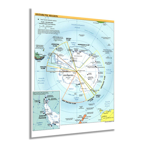 HISTORIX 2005 Map of the Antarctic Region - 18x24 Inch Antarctic Peninsula Map - Shows Territorial Claims and Year-Round Research Stations - Antarctica Poster - Map of Antarctica