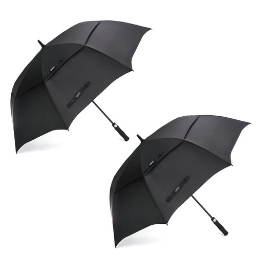 G4Free 2 Pack Extra Large 62 Inch Golf Umbrella Automatic Open Oversize Double Canopy Vented Windproof Waterproof Stick Umbrellas (Black)