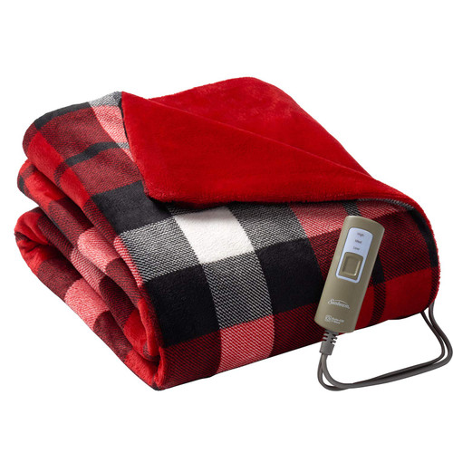 Sunbeam Velveteen Electric Heated Warming Throw Blanket Christmas Plaid Washable Auto Shut Off 3 Heat Settings