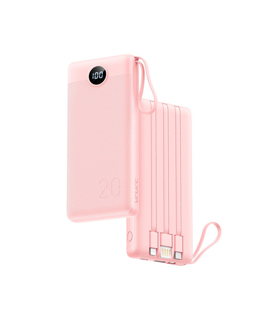 VRURC Portable Charger, 20000mAh Power Bank Fast Charging, Built-in Micro & USB C Three Cables, 4 Output 2 Input LED Display Charging Bank for iPhone, Samsung, Android etc-Pink (1 Pack)