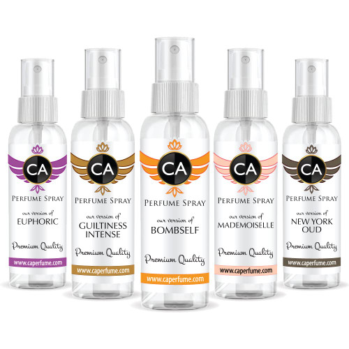 CA Perfume Best Fall Women Set Impression of (Euphoric + Guiltiness Intense + Mademoiselle + Bombself+ New York Oud) Fragrance Sample Travel Size Parfum Sprayer (2 Fl Oz/60 ml) x 5