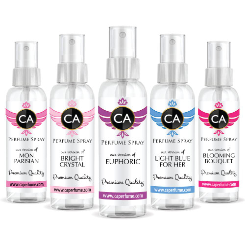 CA Perfume Best Summer Perfume Women Set Impression of (Light Blue + Bright Crystal + Blooming Bouquet + Euphoric + Mon Parisian) Fragrance Sample Travel Size Parfum Sprayer (2 Fl Oz/60 ml) x 5