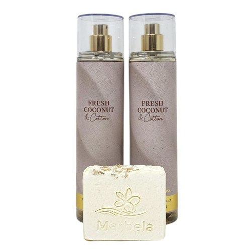 Bath & Body Works Fresh Coconut & Cotton 2 Pack Fragrance Mists and a Natural Oats Bar Soap - Full Size