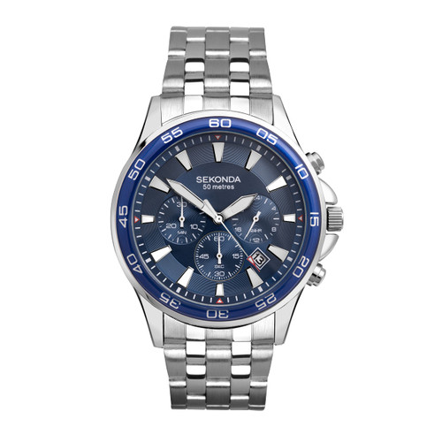 Sekonda Men's Quartz Watch with Chronograph Display and Stainless Steel Bracelet, Silver Bracelet/Blue Dial, Bracelet