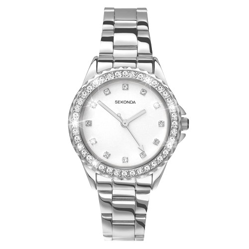Sekonda Elizabeth Women's Quartz Watch 33mm with Stone Set Case, Analogue Display and Stainless Steel Bracelet, Silver White Dial, Single