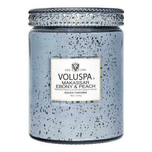 Voluspa Makassar Ebony & Peach Candle | Large Glass Jar | 18 Oz | 100 Hour Burn Time | All Natural Wicks and Coconut Wax for Clean Burning | Vegan