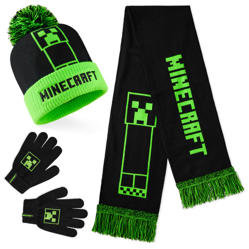 Minecraft Cold Weather Set - Creeper Beanie Hat Scarf and Gloves Set Kids Winter Set (Green/Black, 8-12 Years)