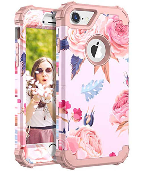 iPhone 7 Case,iPhone 8 Case,OBBCase [Heavy Duty] Three Layers Rugged Armor Shockproof Soft Silicone Anti-Fingerprint Hard PC Hybrid Protective Case for iPhone 7/8, Flower Pink