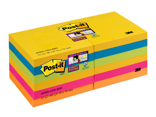 Post-it Super Sticky Notes 654-12SS-CARN, Carnival Colour Collection, 76 mm x 76 mm, 90 Sheets/Pad, 12 Pads/Pack