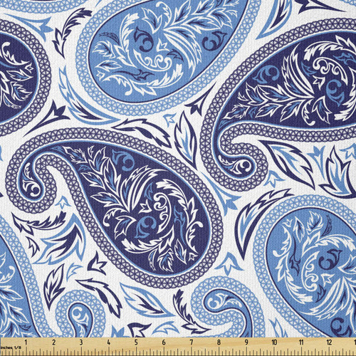Lunarable Paisley Fabric by The Yard, Iranian Paisley Contrasting Color Palette Oriental Pattern Teardrop Shape, Stretch Knit Fabric for Clothing Sewing and Arts Crafts, 3 Yards, Blue Navy Blue White