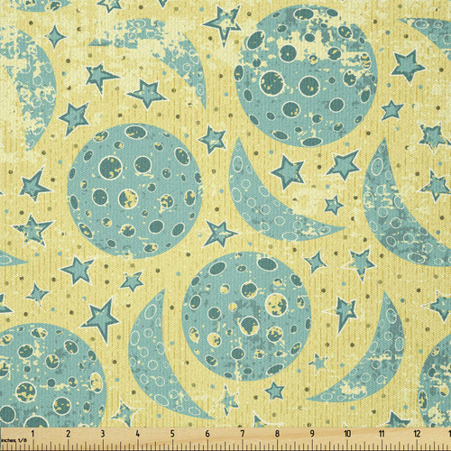 Ambesonne Moon Fabric by The Yard, Grunge States of The Moon Stars Pattern Vintage Color Palette Retro Design, Stretch Knit Fabric for Clothing Sewing and Arts Crafts, 3 Yards, Yellow Turquoise Teal