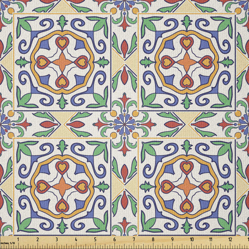 Ambesonne Geometric Fabric by The Yard, Spanish Culture Inspired Ornamental Symmetric Floral Arrangement Vivid Palette, Stretch Knit Fabric for Clothing Sewing and Arts Crafts, 3 Yards, Multicolor