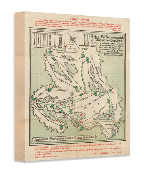 Vintage Augusta National Golf Club Course Map 1954 Art Print - 18" x 24" Stretched Canvas-Ready to Hang - Retro Map Vintage Decor, Golfing Shop Wall Decor, Man Cave or Bar Art Poster, Gift for Golfers