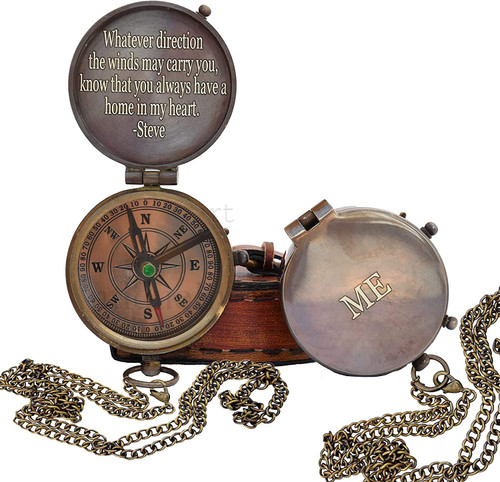 WOANIN Sundial Handheld Compass with Leather Case- Brass Antiquated Finish Handmade Compass- Engraved Pocket Compass, Beautiful Gift for Dad Birthday
