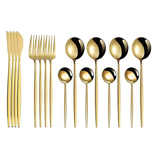 Silverware Flatware Set, 16PCS Cutlery Set Stainless Steel Flatware Set Knife Fork Spoon Silverware Tableware Set Kitchen Dinnerware Serves for 4 (Color : Gold)