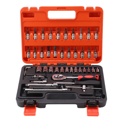 BORDSTRACT 46pcs Socket Spanner Wrench Set, 1/4" Drive Metric Extension Bar with Box, Quick Release Reversible Ratchet for Car and Repair
