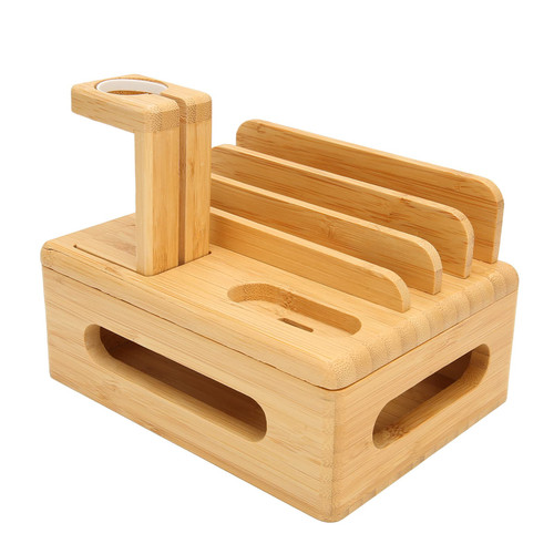 Bamboo Charging Station for Multiple Devices, Desktop Docking Station, 6 Port Magnetic Multi Charger Organizer Fast USB Charger for Phone, Pad, AirPods, Watch, Cell Phone, Tablet