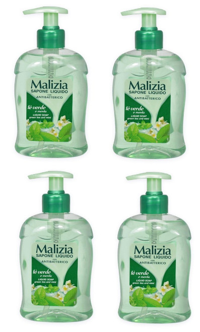 Malizia:"Sapone Liquido con Antibatterico" Liquid soap Green Tea and Mint 300 ml Pack of 4