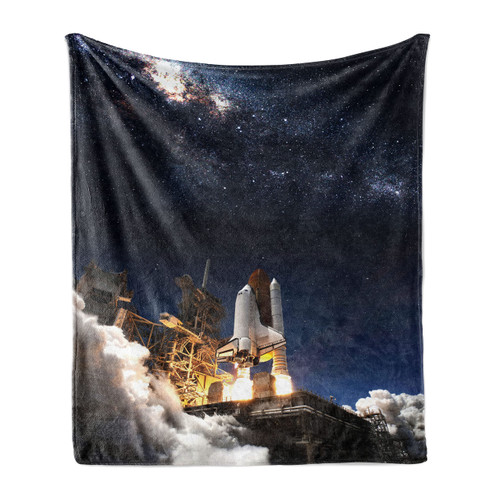 Lunarable Outer Space Throw Blanket, Space Shuttle Taking Off Star Field Scientific Astrophotography Art, Flannel Fleece Accent Piece Soft Couch Cover for Adults, 70" x 90", Blue Yellow
