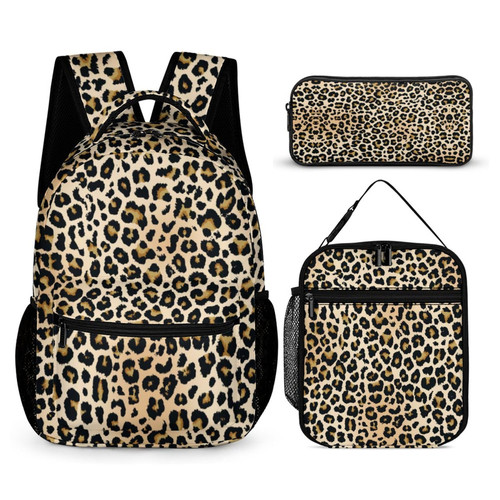 DTCCET 3PCS Classic Leopard Backpack Set, Khaki Leopard Laptop Bag with Lunch Box, Stylish Daypack with Multiple Pockets, Lightweight Shoulders Backpack(Classic Leopard)