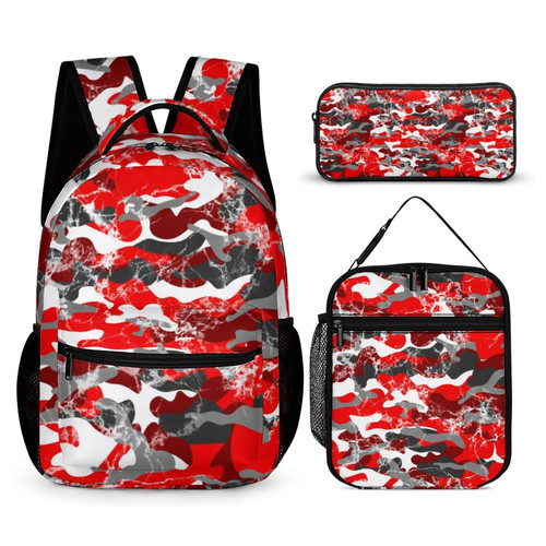 DTCCET 3PCS Classic Red Camo Backpack Set, Lightweight Camo Daypack 3D Printed Laptop Bag with Lunch Bags, Stylish Shoulders Backpack with Multiple Pockets(Red Camo)