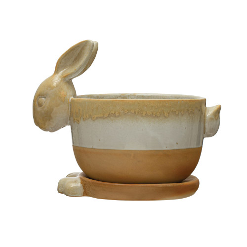 Creative Co-Op Stoneware Rabbit Saucer, Multicolor Planter, Tan